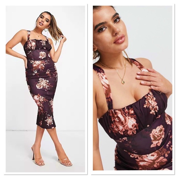 ASOS Floral Corset Pencil Ruched Bust Midi Dress in Burgundy Purple 6 NWOT - Picture 2 of 13